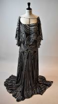 JENNY PACKHAM; a black and white 100% silk geometric design full length evening dress, size 6.