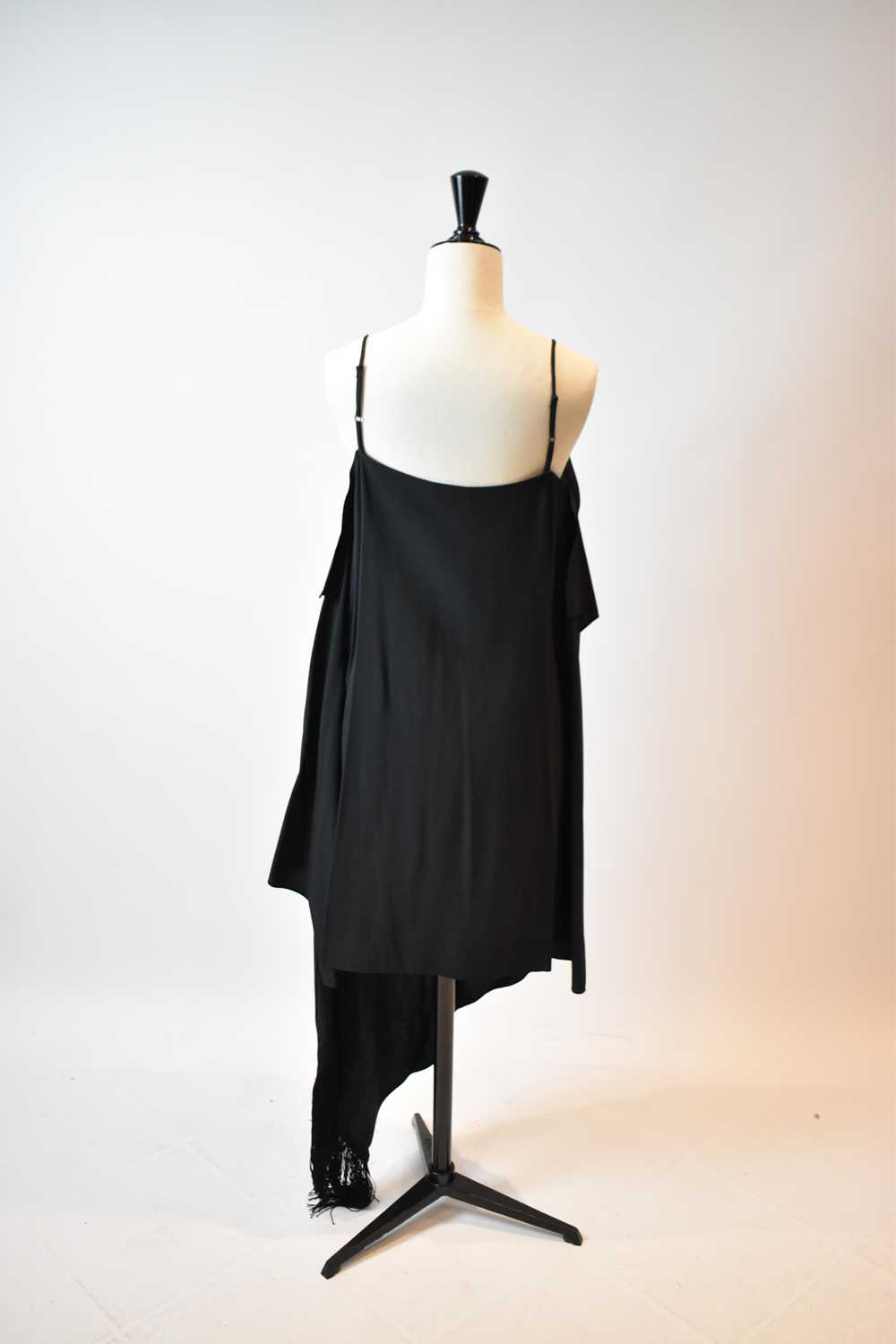 BALENCIAGA; a black wool A-symmetrical dress with spaghetti straps and matching cape, both with - Image 3 of 4
