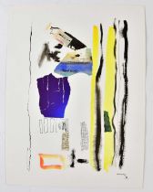 † HARRY OUSEY (1915-1985); watercolour and collage, untitled, signed and dated '81, 32 x 24cm,