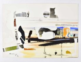 † HARRY OUSEY (1915-1985); collage with watercolour, untitled, signed and dated '80, 25 x 35cm,