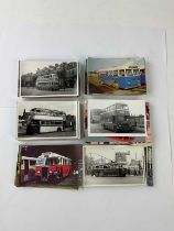 A collection of postcards relating to trams and buses, including many real photographic postcard