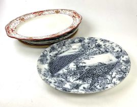 Five 19th century ironstone meat plates including a Warwick example, blue and white example etc,