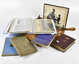 A small group of ephemera and books, including Tomatoes, vintage wooden guillotine, albums