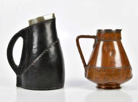 DOULTON LAMBETH; a faux leather jug with hallmarked silver rim, height 23cm, and a faux copper
