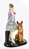 ROYAL DOULTON; HN1347, 'Moira With Dog', issued 1929-38, this example dated 4.6.30, height 16cm.