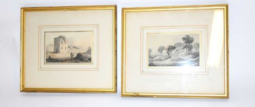 SAMUEL PROUT (1783-1852); a pair of watercolours, figures in landscapes with building, unsigned,