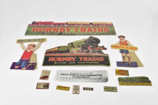 HORNBY TRAINS; an advertising card sign modelled as a Yorkshire Locomotive, a similar Hornby card