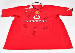 MANCHESTER UNITED; a 2004/05 Nike replica jersey Ole Gunnar Solskjaer bearing multiple signatures
