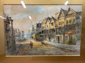 H J NEVIL; a late Victorian watercolour, figures on Chester street scene, 48 x 71cm, framed and