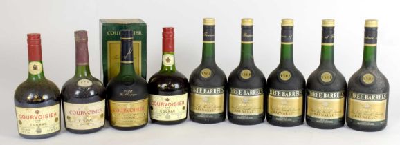 BRANDY; five bottles Three Barrels Rare Old French Brandy, with two bottles Courvoisier (7)