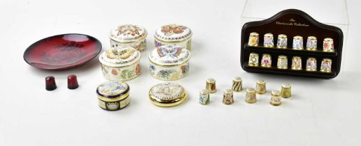 MINTON; a twin handled limited edition jar and cover, height 16cm, a collection of thimbles, a Royal