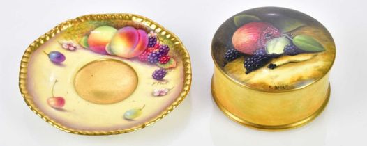 P. PLATT FOR ROYAL WORCESTER; a hand painted saucer, decorated with fruit, and a Coalport limited