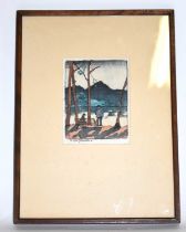 † E YORK BRUNTON; woodcut, 'Derwent Water' signed, 14.5 x 11cm, framed and glazed.
