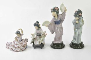 LLADRO; four figures including three Geisha girls, one example holding two fans, height 29cm (4).