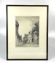 † GYRTH RUSSELL (1892-1970); a signed etching, street scene, signed lower right, 27 x 36cm, framed