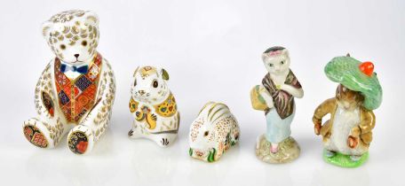 ROYAL CROWN DERBY; three animal paperweights, a seated bear, a baby Rowsley Rabbit and fieldmouse,