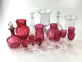 A mixed lot of glassware including two engraved celery vases, the taller height 24.5cm, a pair of