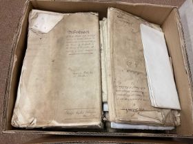 A large collection of wills and deeds, predominantly 19th century examples, some with wax seals.