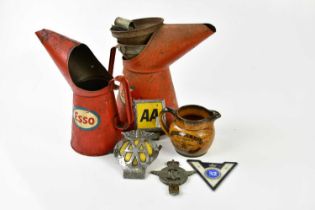 AUTOMOBILIA; two vintage advertising Esso oil cans, car badges including Civil Service Motoring