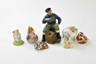 ROYAL CROWN DERBY; three animal form paperweights, a cockerel, a kitten, a Royal Doulton figure