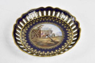 AFTER AUGUSTUS REX; a hand painted and gilt pierced bowl, decorated to centre with men and horses,