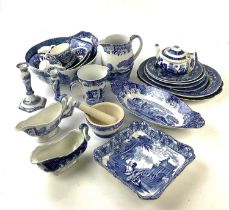 A collection of 19th century and later blue and white including a Cauldon plate with classical