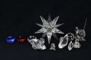 SWAROVSKI; four glass animals, including mouse, swans, and also similar glass models and