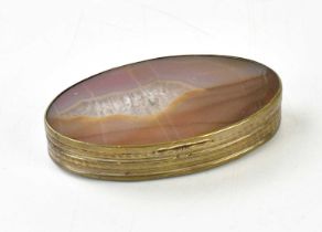 A 19th century brass bound agate snuff box with later applied decoration to the interior, length 8.