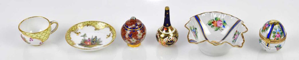 A small quantity of miniature ceramics to include a Limoges egg and bowl, a cloisonne jar and cover,
