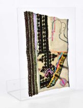 † JAMES HUNTING; a stitched textile with stylised decoration, mounted on a Perspex panel, 28 x