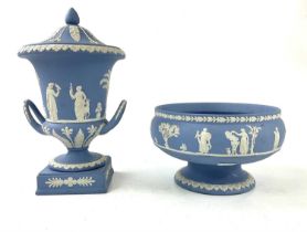 WEDGWOOD; a jasperware bowl, together with a twin handled lidded urn, height 30cm.