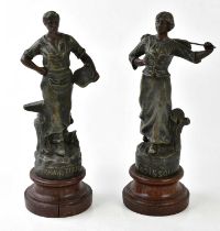 A pair of early 20th century bronzed spelter figures, 'Travail-Fortune' and 'Moisson', height