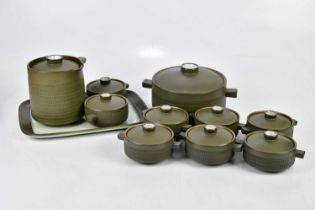 DENBY; a dark green tea/dinner set to include cups, saucers, plates, a teapot, etc.