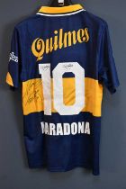 DIEGO MARADONA; a signed Boca Jrs Quilmes retro-style football shirt, signed to the reverse, size L.