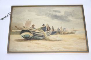 ROBERT JOBLING (1841-1923); watercolour, mending the nets on the beach scene, signed, 36 x 53cm,