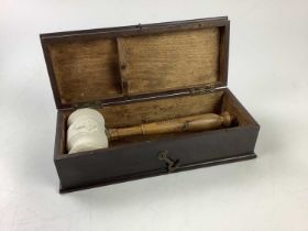 MASONIC INTEREST; an unusual Masonic gavel with carved stone top and turned wooden handle.