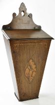 An 18th century inlaid oak candle box, the front with inlaid shell panel, height 48cm.