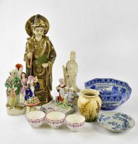 A small group of ceramics to include two Staffordshire figures, a blue and white Cauldon bowl, three