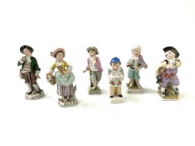 Six miniature Continental porcelain figures including Sitzendorf maiden holding a basket of flowers,