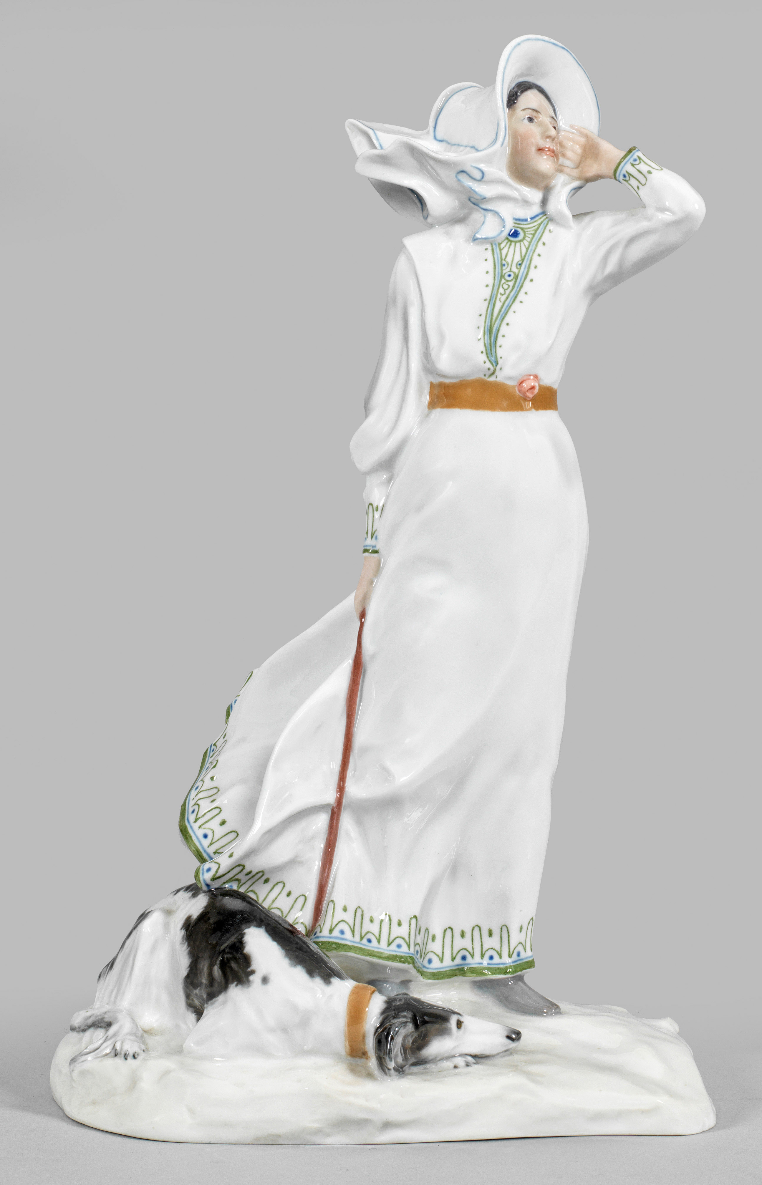 Große Jugendstil-Figur "Dame mit Hund"