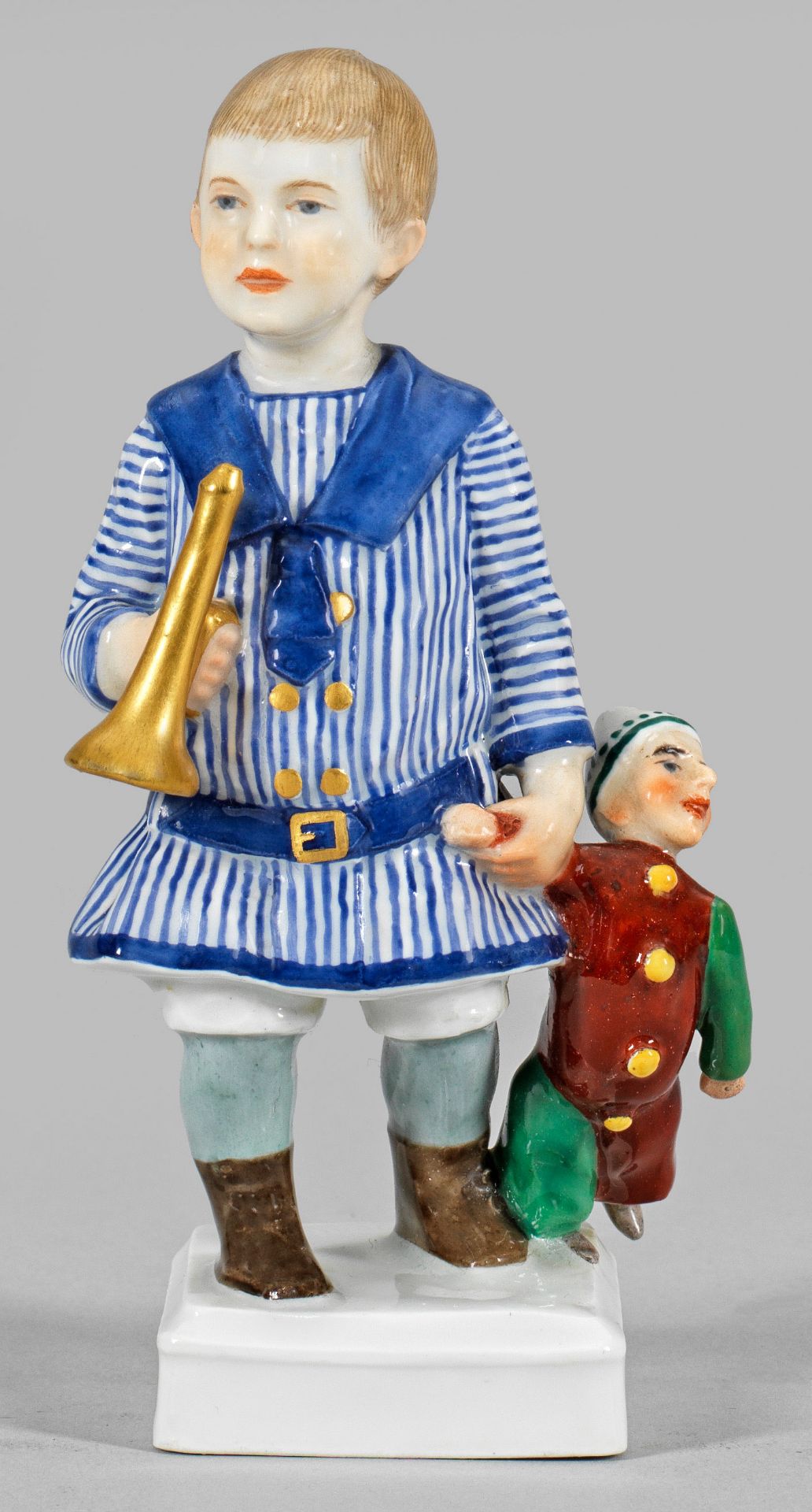 Jugendstil-Figur "Junge mit Trompete und Kasperle"