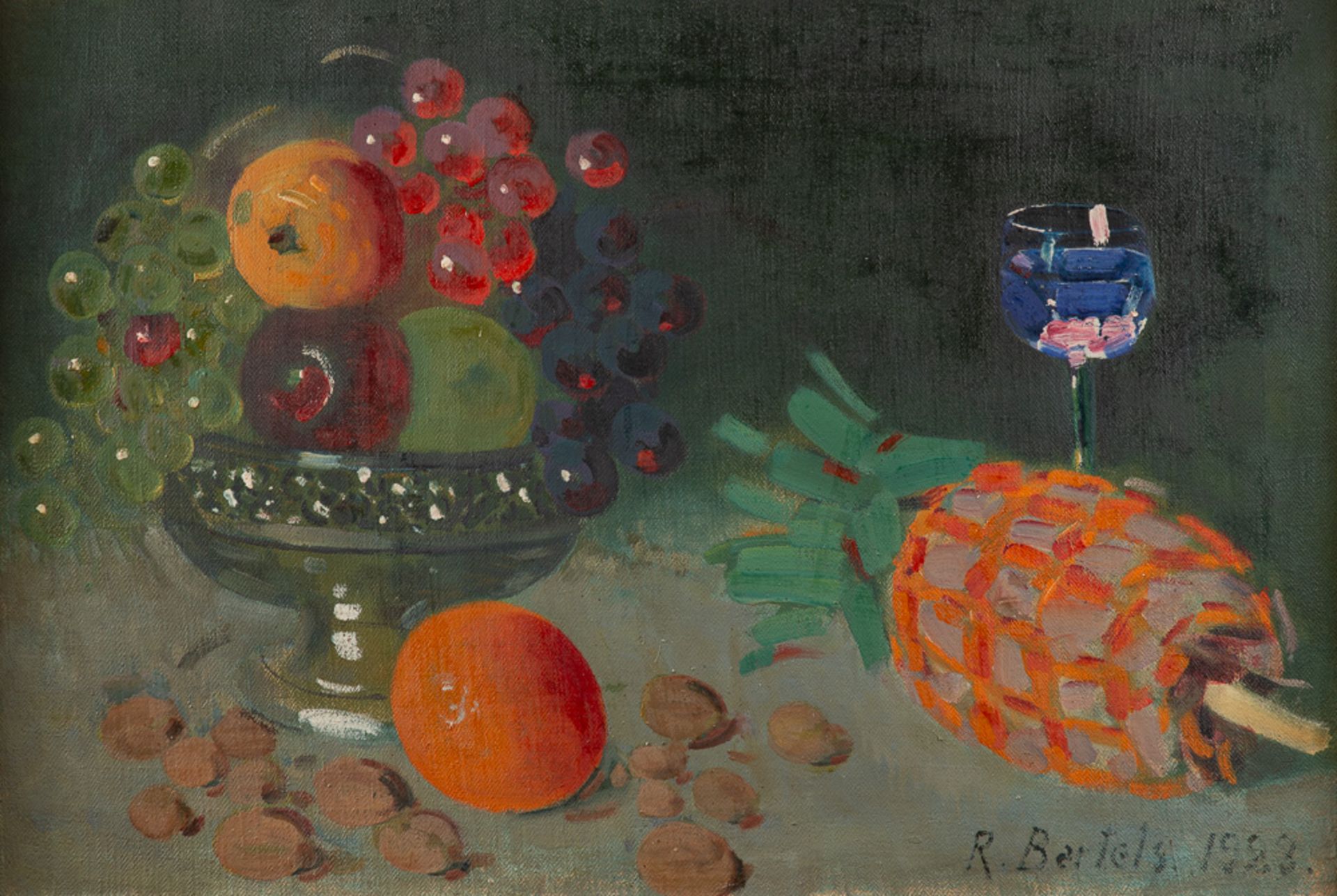 Rudolf Bartels – Stillleben mit Ananas und blauem Weinglas.
