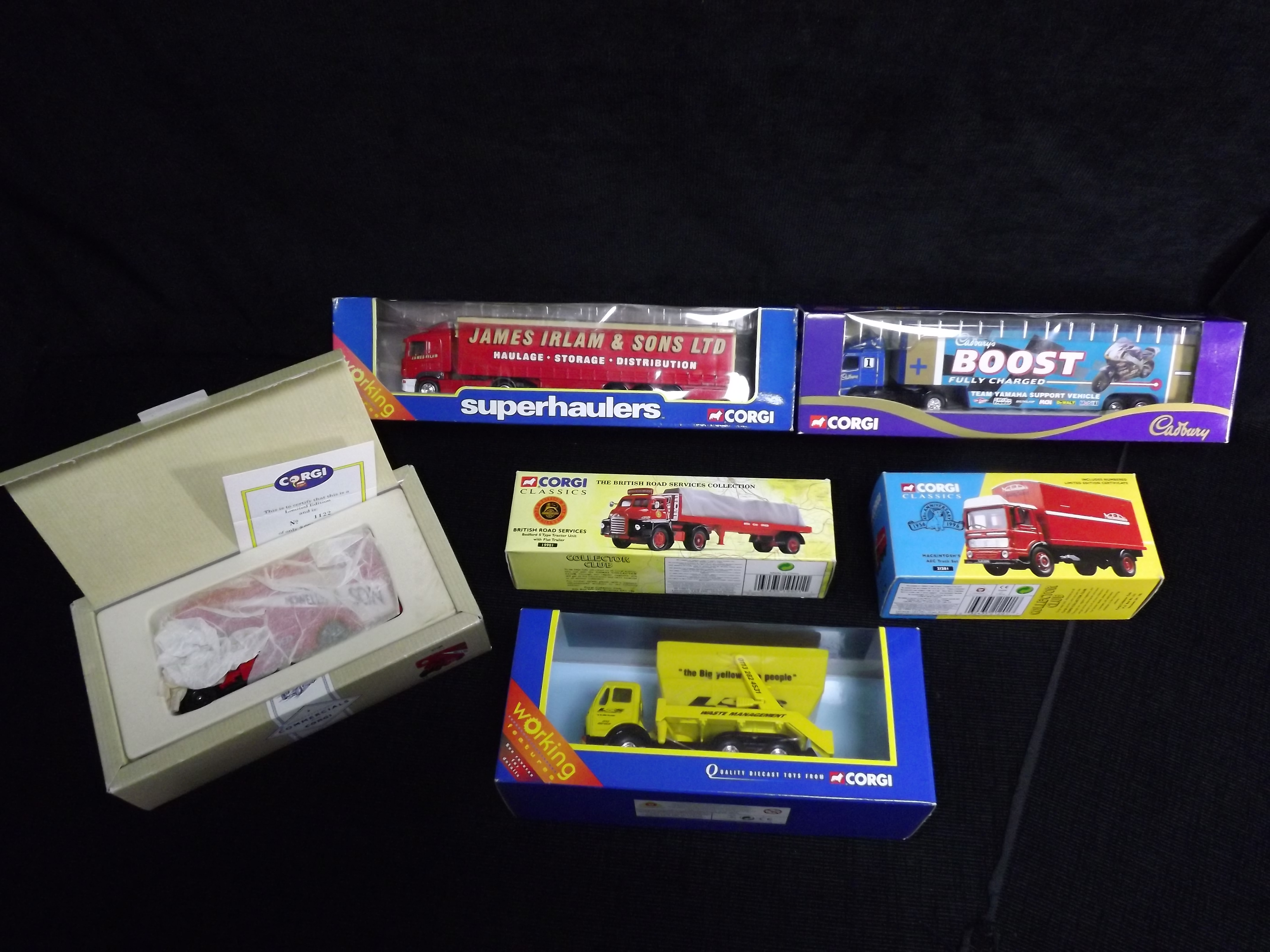 6 x Corgi Commercials. 59509 Superhaulers James Irlam Scania Curtainside, 59519 Cadbury Boost Bike