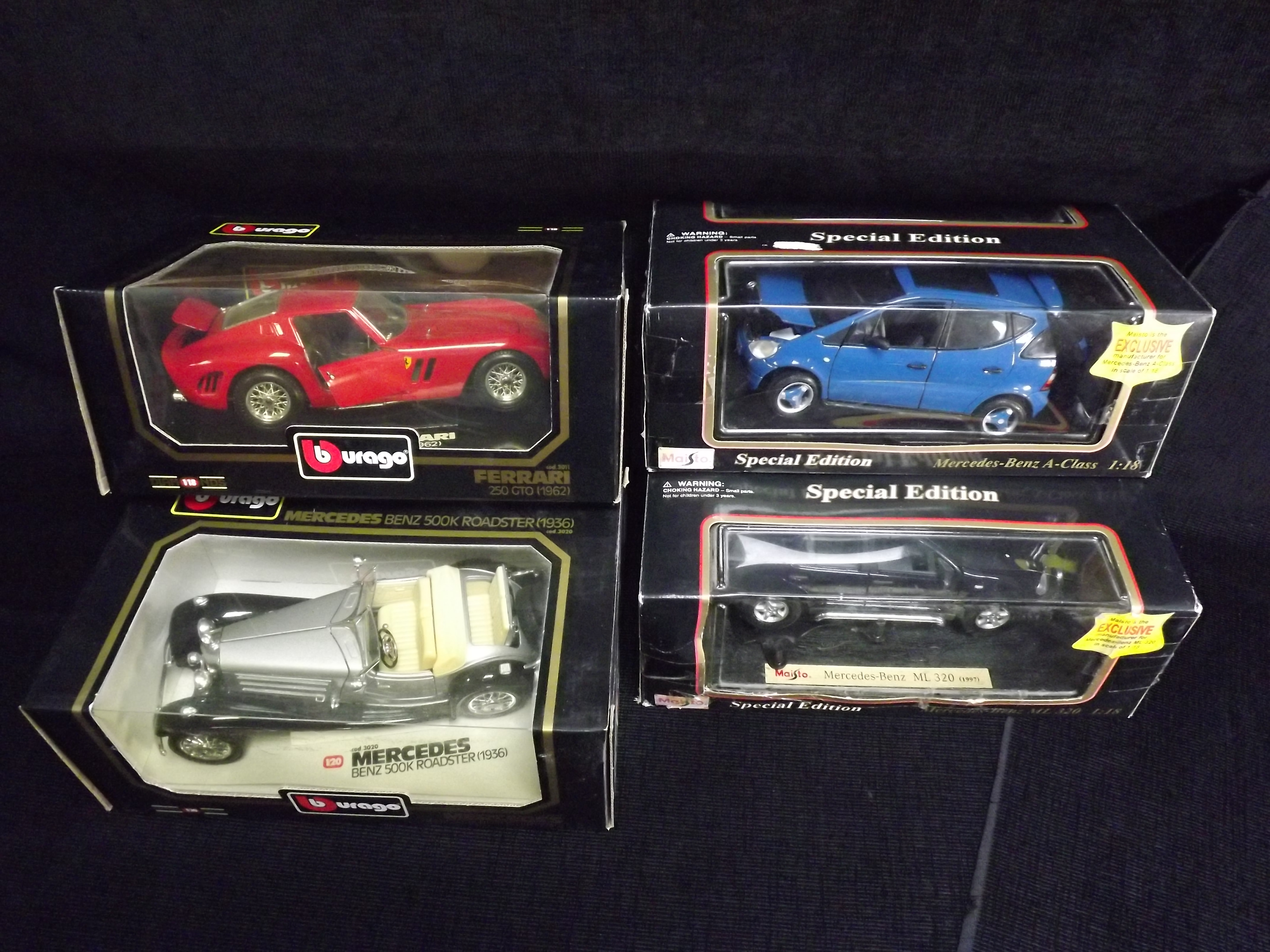 4 x 1:18 Scale Model Cars. 2 x Burago - 3011 Ferrari 250 GTO (1962), 3020 Mercedes Benz 500K