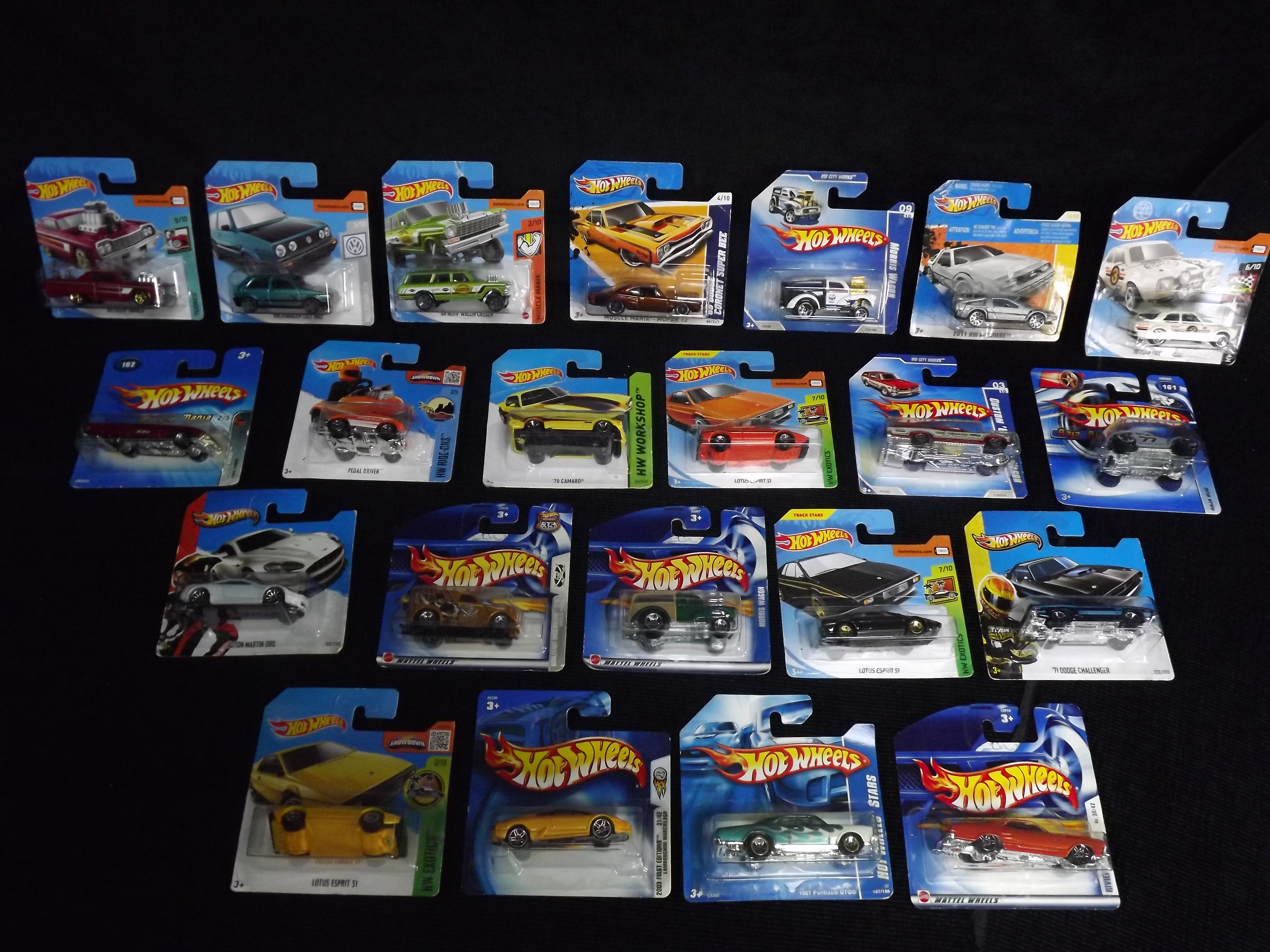 22 x Mattel Hot Wheels Vehicles. Carded. Various Themes including HW Workshop, Exotics, Factory