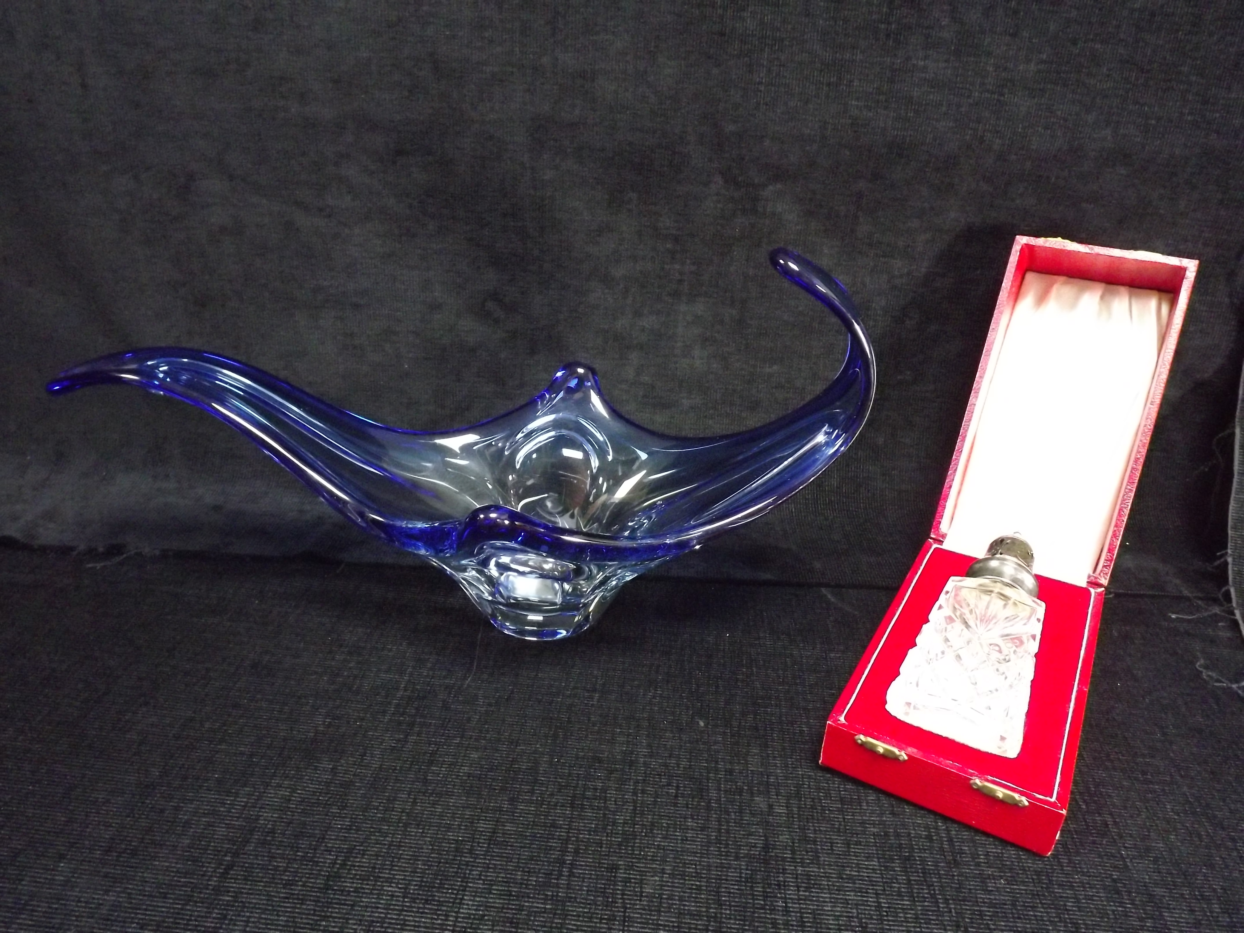 Large Blue Waves Murano style Glass Fruit Bowl or Vase and a Cased Crystal Glass Pot Pourri Jar with