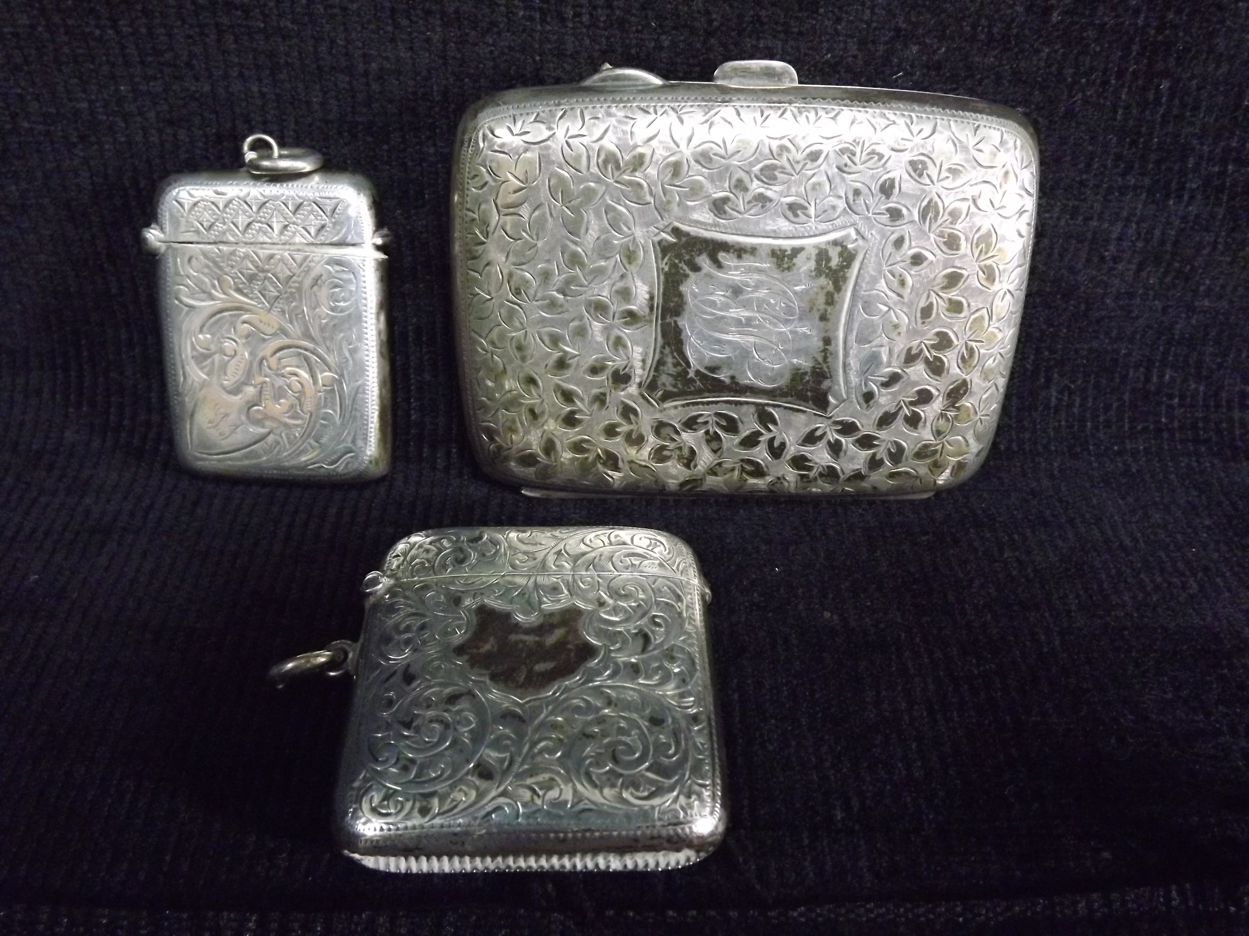 3 x Sterling Silver Smoking Cases. 2 x Vesta or Match Holders and a Cigarette Case. Maker on