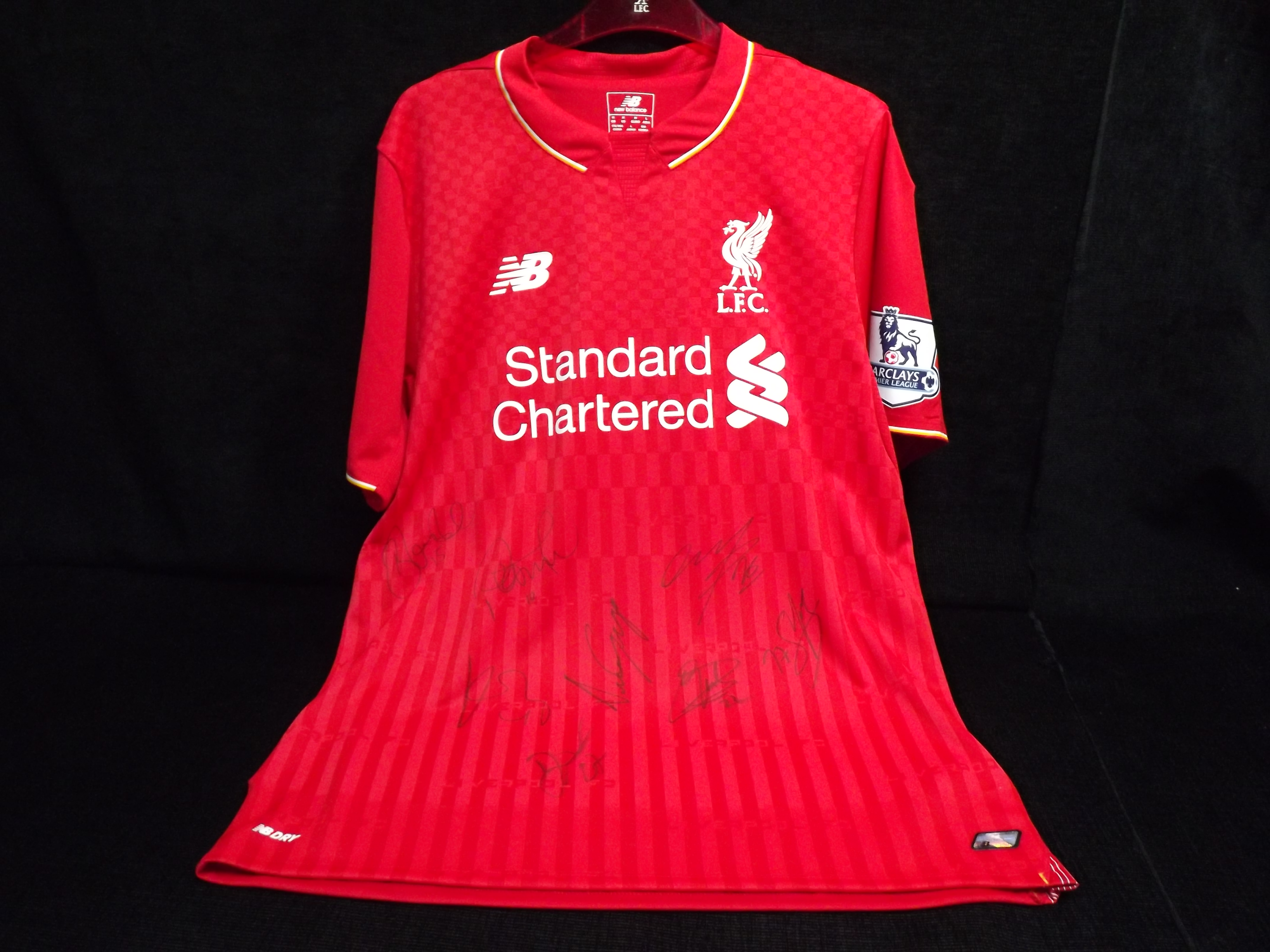 L.F.C. Alberto Moreno No. 18. 2015-2016 Signed Player Home Shirt. NB New Balance / Standard