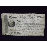 Great Britain Banknote. Derby Bank 1813 One Pound £1. Egde creases, staining, small holes
