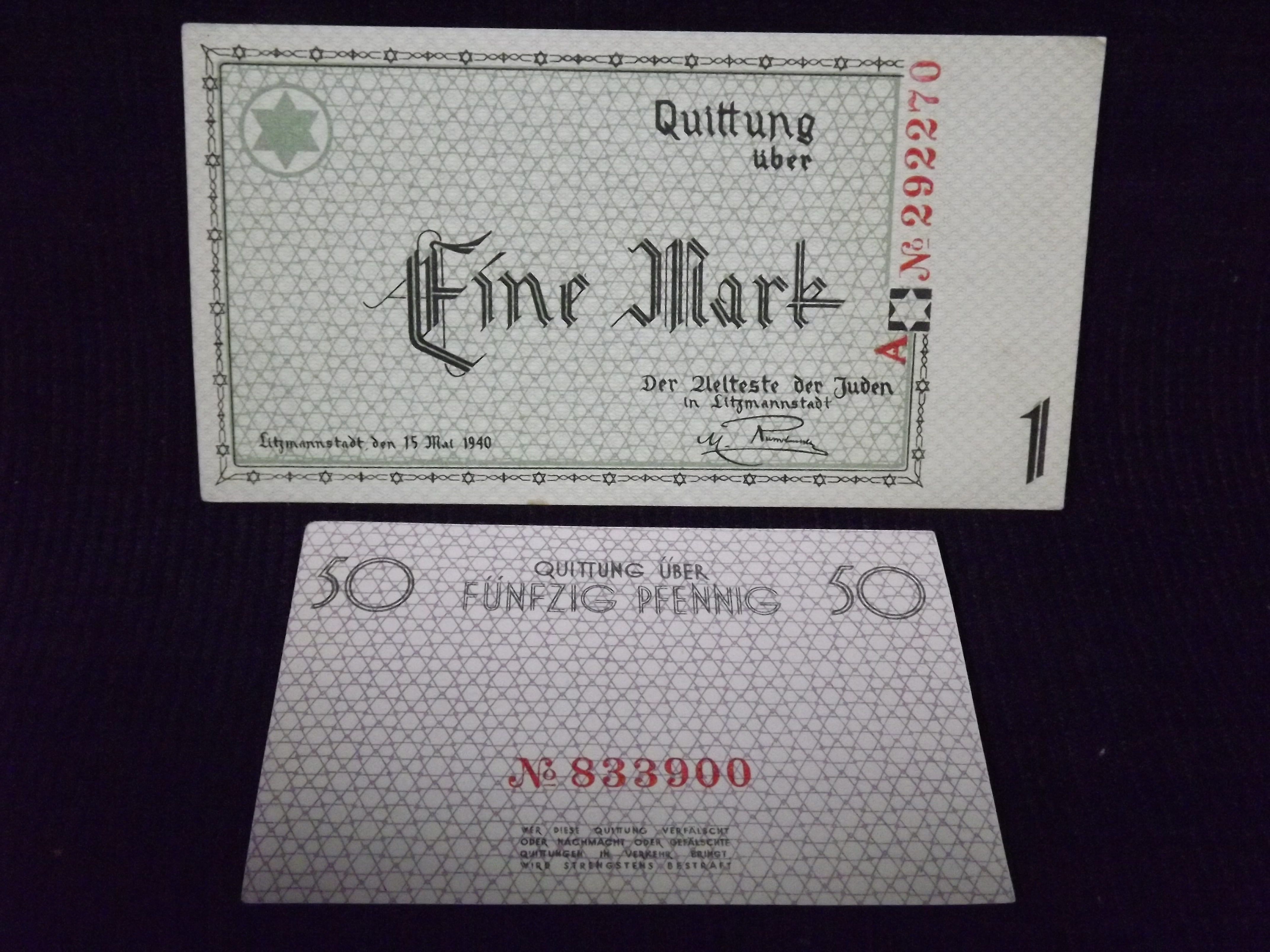 WWII Litzmannstadt - 2 x German / Polish/ Jewish Special Ghetto Currency Banknotes. c1940. One - Image 2 of 5